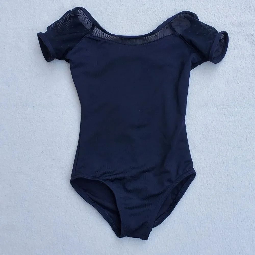 Capezio Black Mesh Yoke Short Sleeve Leotard Size 2-4